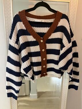 Altar'd State Navy, White & Brown Striped V-Neck Cardigan